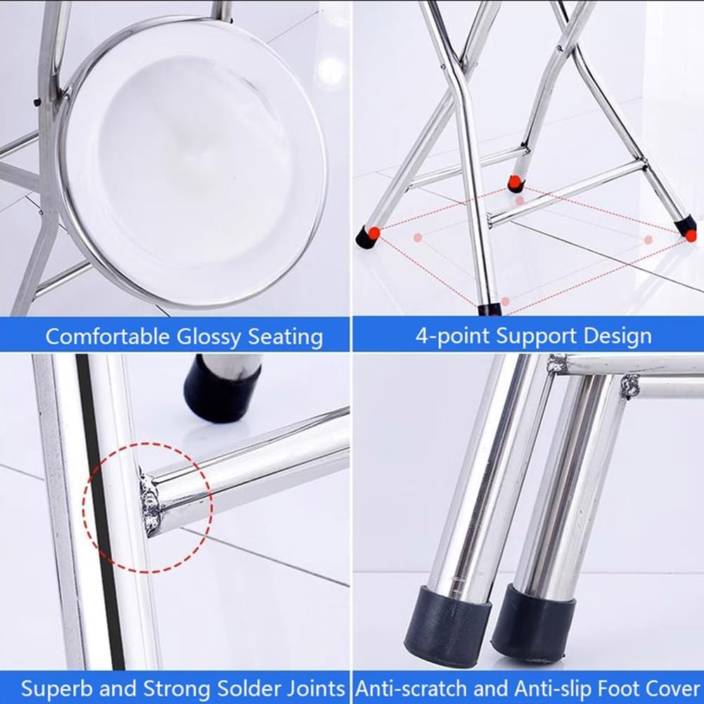 Folding Stool, Stainless Steel Bar Chair, Portable Collapsible Round Breakfast Bar Stool, Durable and Sturdy Portable Fold Up Stool for Outdoor Indoor Kitchen Dining Room