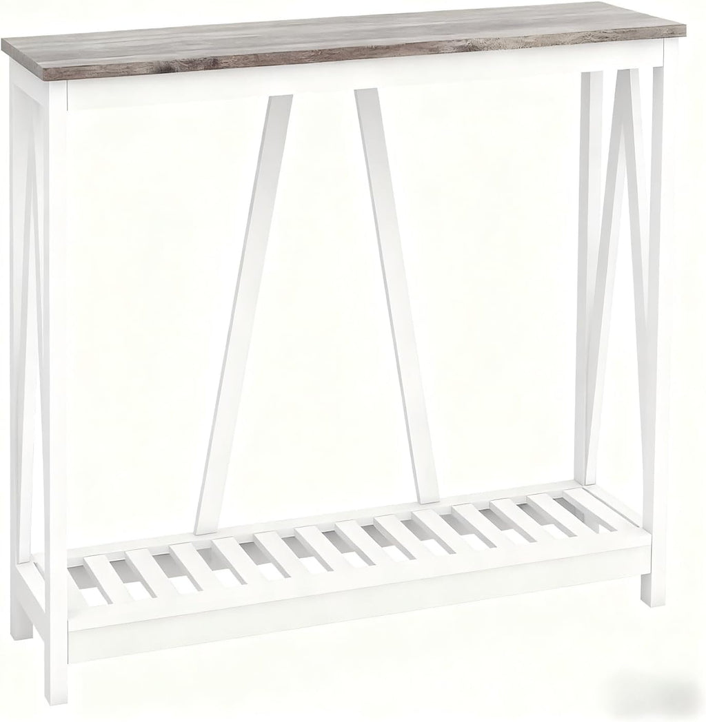 Entryway Table, 39" Farmhouse Console Table with Shelf Narrow Foyer Table | | 2-Tier Open Shelf,V-Shape Anti-Tip Legs,Slim Narrow Design,30-Min Easy Assembly,Sofa Table Use,Two-Tone Finish,Dark Oak
