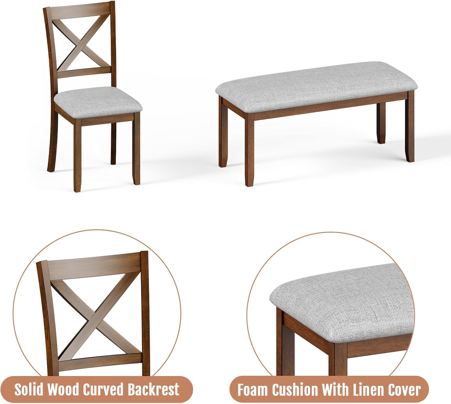 Zevemomo 6-Piece Wooden Dining Table Set, Wooden Legs Dining Table, Walnut | Dining Table Set for 6, Including 1 Dining Table, 4 Upholstered Chairs and 1 Bench, Table Set for Dining Room & Kitchen