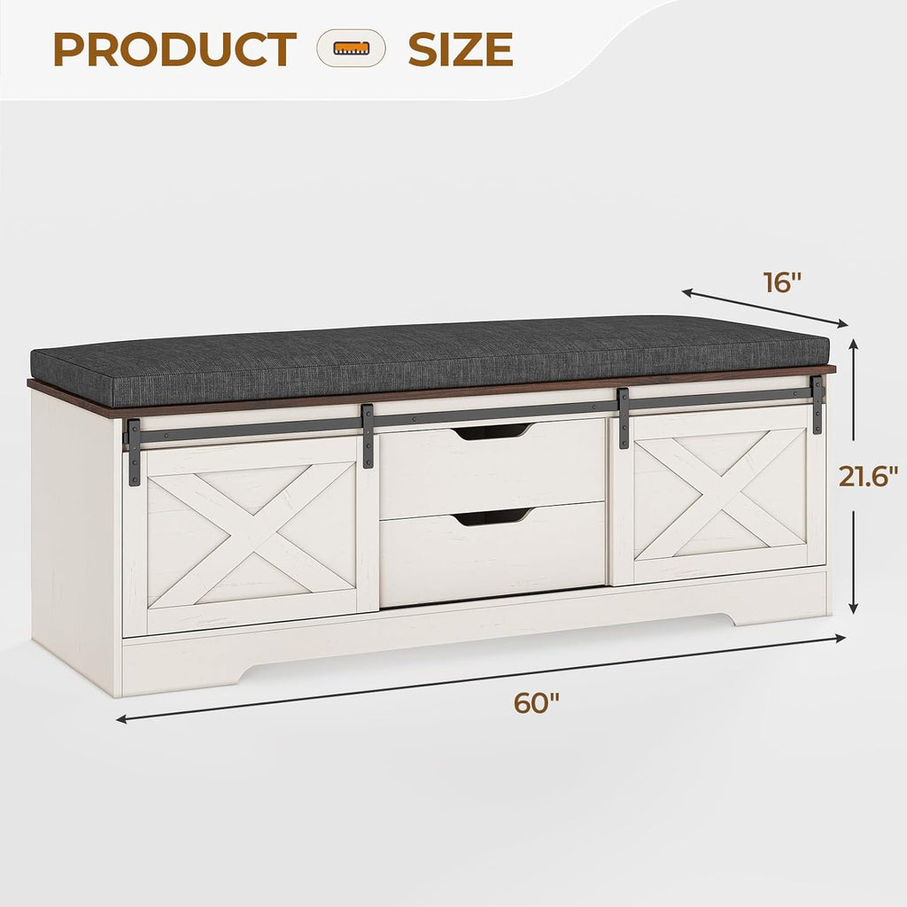 UPOSOJA 60“ Farmhouse Storage Bench with Cushion, Shoe Rack with Slide Barn Doors, Adjustable Shelf and 2 Drawer for Entry, Bedroom, Closet, Living Room, Hallway (White Brown, 60 in)