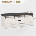 UPOSOJA 60“ Farmhouse Storage Bench with Cushion, Shoe Rack with Slide Barn Doors, Adjustable Shelf and 2 Drawer for Entry, Bedroom, Closet, Living Room, Hallway (White Brown, 60 in)