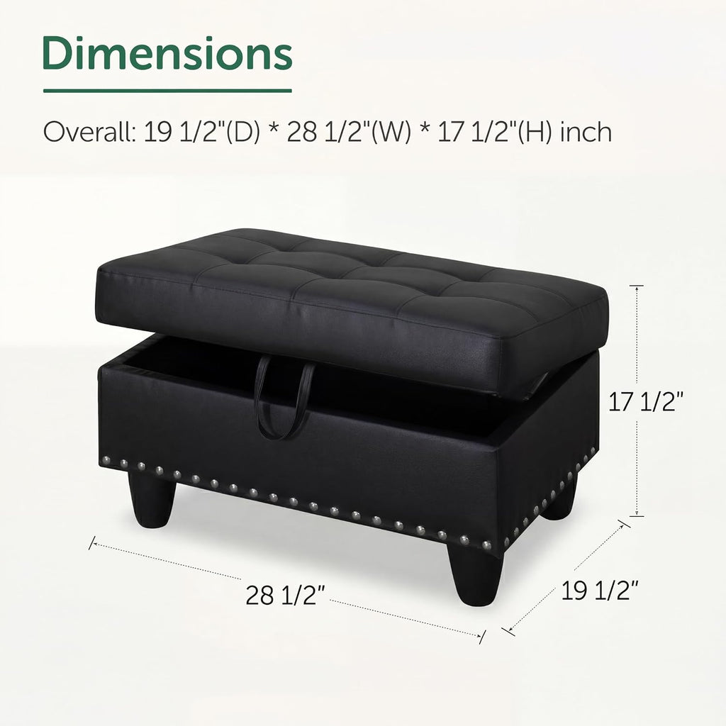 28.5 Inch Storage Ottoman Bench with Hidden Storage, PU Leather Upholstered Foot Rest Stool, Tufted End of Bed Bench for Bedroom Living Room, Easy to Clean, Black