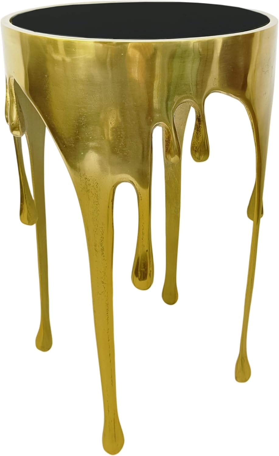 TUP THE URBAN PORT Capri Side End Table, 24.75 Inch Round Glass Top, Antique Gold Finish, Melting Drip Design Base, Modern Glam Accent Table for Living Room, Bedroom and Home Decor Display