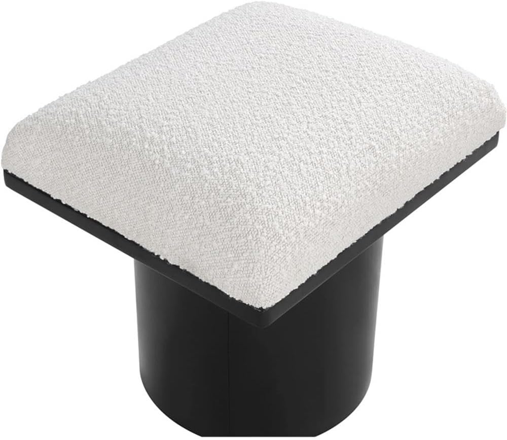 MAKLAINE Cream Boucle Fabric Bench/Stool, 15.5" W x 18" D x 17.5" H, Oak Veneer with Black Finish, 4" Thick Channel-Tufted Seat Cushion, Art Deco Design, Modular Living Room or Entryway Seating