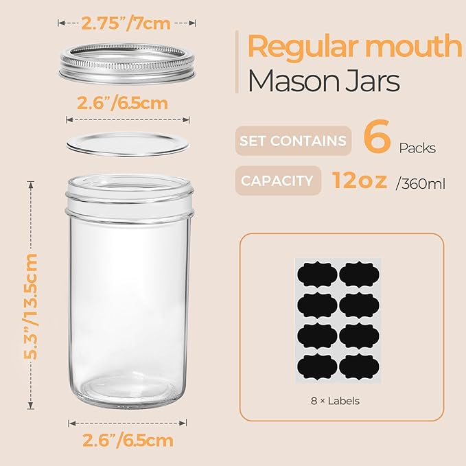 ComSaf 12 oz Mason Jars with Lids 6 Pcs, Regular Mouth Canning Jars with Seal Bands, 12 oz Glass Jar with lid for Soft Drinks, Juice, Jam, Jelly, Sauce, Dessert, Overnight Oats, Pickles