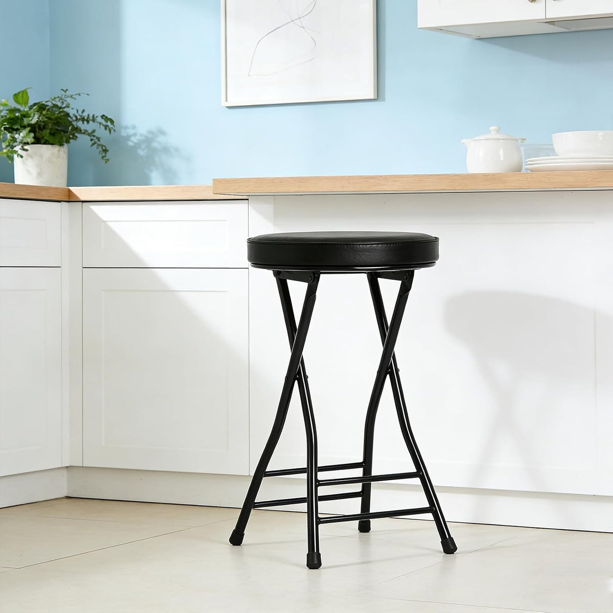 Folding Bar Stool,24 Inch Tall Foldable Stool Chair,Counter Height Cushioned Leather Padded Portable Stools,Heavy Duty Collapsible Stools for Kitchen Island Garden Camping Brown