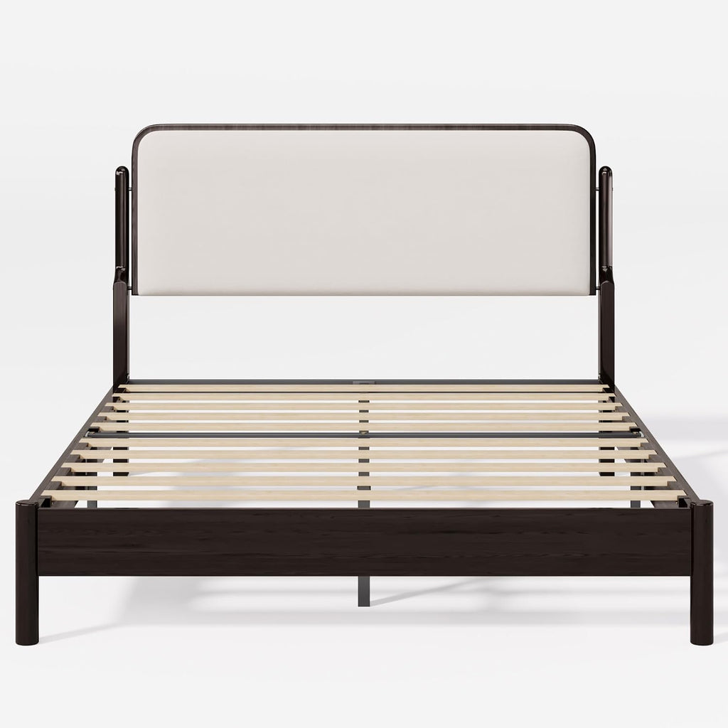 Lifezone Queen Bed Frame with Upholstered Headboard, Solid Wood Bed Frame Queen Size with Ergonomic Design Headboard, Wood Slats Support, Noise-Free, Easy Assembly,No Box Spring Needed, Walnut