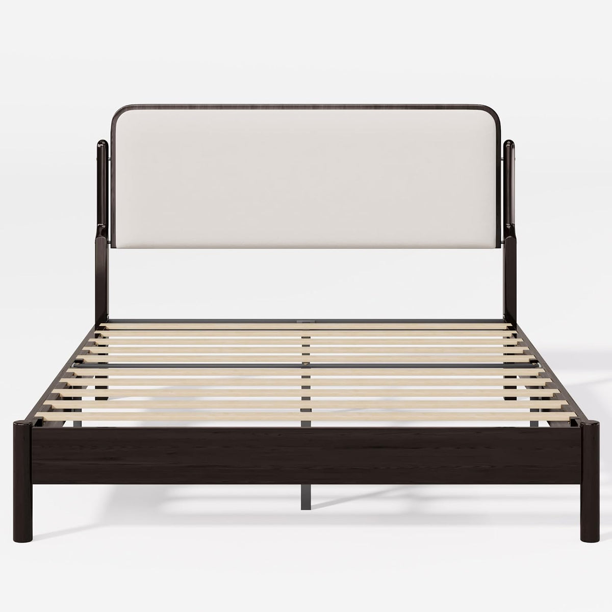 Lifezone Queen Bed Frame with Upholstered Headboard, Solid Wood Bed Frame Queen Size with Ergonomic Design Headboard, Wood Slats Support, Noise-Free, Easy Assembly,No Box Spring Needed, Walnut