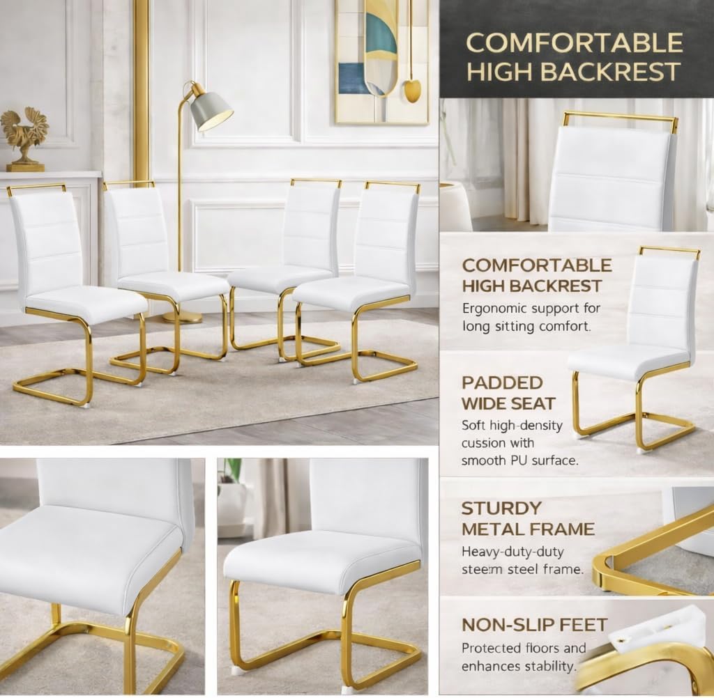 Dining Chairs Set 4, Armless White Kitchen Chairs, Waterproof Faux Leather Dinner Chairs with Upholstered Seat, Side Chairs with Black Metal Frame for Kitchen Dining Room