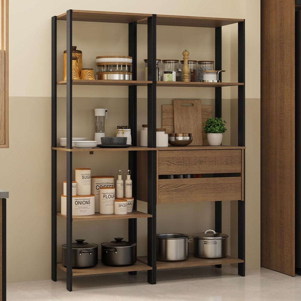 Madesa Kitchen Pantry Storage Rack with 2 Drawers and Open Shelves 51" L Multiuse Modular Cabinet for Kitchen Organization - Black/Brown