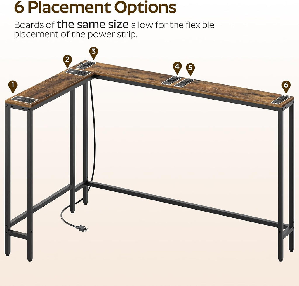 YATINEY Narrow Console Table with Outlets, 70.9" Sofa Table Narrow Long, L Shaped Behind Couch Entryway Table with Charging Station, for Living Room, Hallway, 3 Assembly Options, Rustic Brown CT07UBR