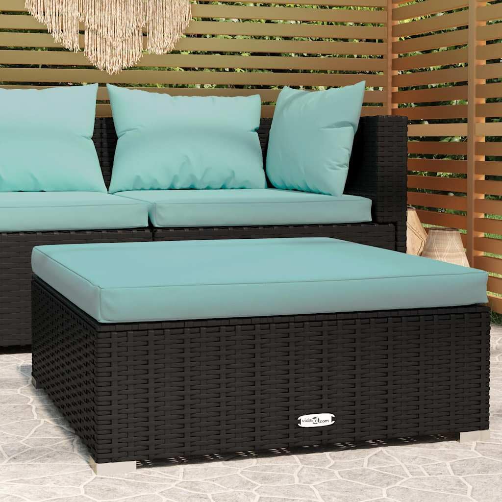 Patio Footrest with Cushion, 27.6x27.6x11.8 Inches Poly Rattan Ottoman, Black Steel Frame Footstool for Outdoor Use