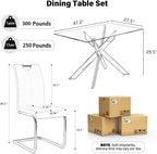5-Piece Dining Table Set for 4, Modern Rectangular Glass Table with 4 Upholstered Leather Chairs, Space-Saving Dining Room Furniture Table & Chair Sets for Small Spaces&Apartment(White&Silver)