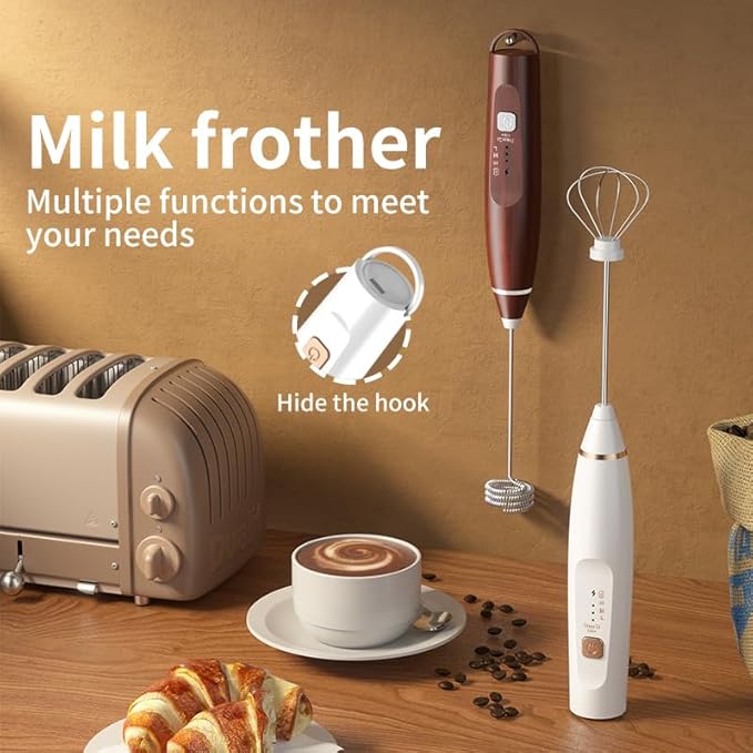 Milk Frother Handheld Foam Maker with 2 Stainless Stirring Head 3 Speed Rechargeable Electric Blender Milk Frother Wand Drink Mixer for Cappuccino Matcha Latte Hot Chocolate Protein Powder Egg (White)