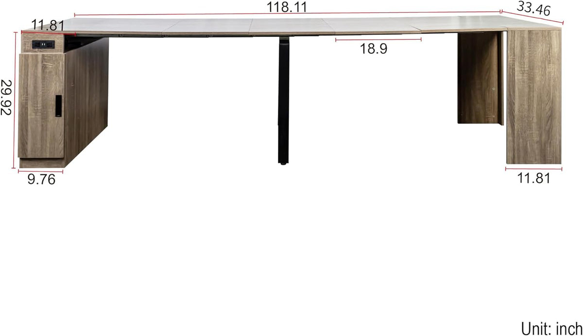 Extendable Dining Table with Storage, Transformer Extra Console Table for 1-12 People, Folding Space Saving Dining Room Table with Built-in Outlet for Homes, Apartments, Oak