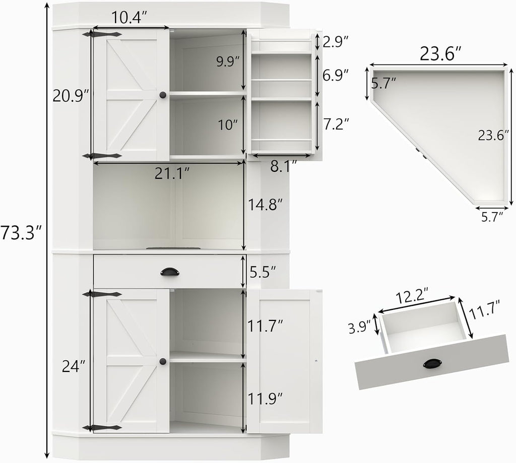 74"Corner Cabinet with Charging Station,Kitchen Pantry Storage Cabinet with Drawer,Freestanding Kitchen Pantry Cabinets with Doors and Shelves,Farmhouse Food Hutch for Dining Room,Living Room(White)