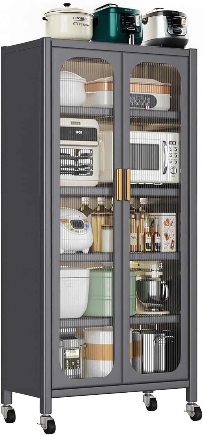 Spaco 65" Kitchen Pantry Storage Cabinet,5 Tiers Food Pantry Cabinet with Adjustable Shelves & Transparent Door,Metal Display Storage Cabinet on Wheels for Kitchen,Living Room and Dining Room. (Grey)
