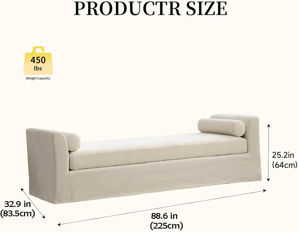 Chifee & Vingol 88.6" W Oversized Chaise Lounge Upholstered Bedroom Benches Extra-Long Indoor Bench Entryway Bench with Removable Pillows for Living Room Hallway,Beige