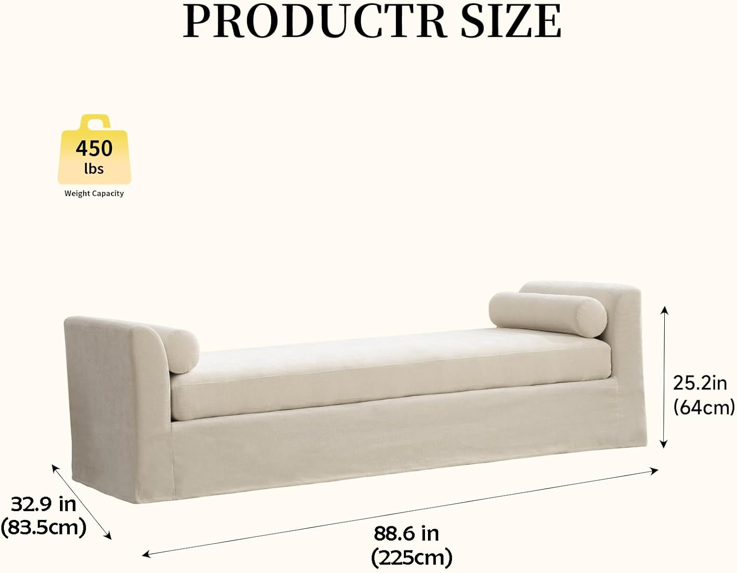 Chifee & Vingol 88.6" W Oversized Chaise Lounge Upholstered Bedroom Benches Extra-Long Indoor Bench Entryway Bench with Removable Pillows for Living Room Hallway,Beige