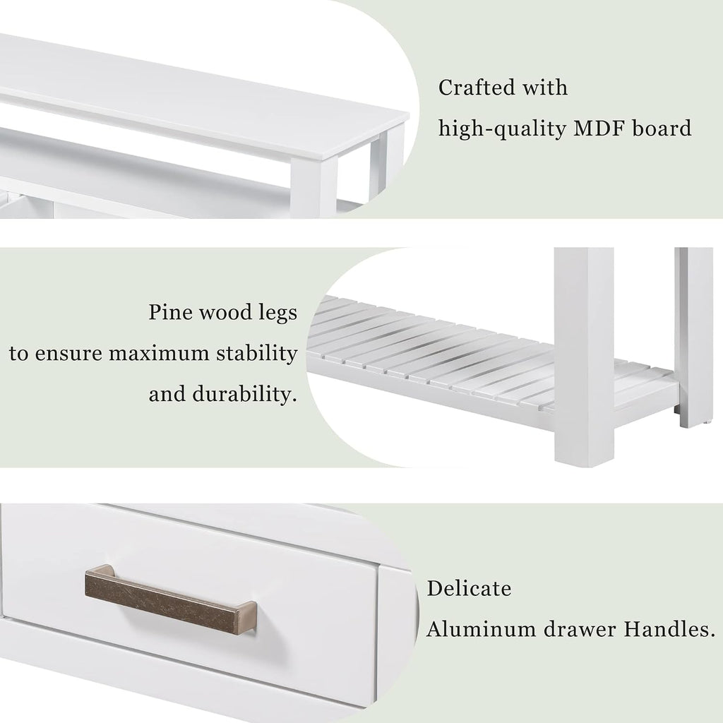 LUMISOL Console Table with 4 Drawers and 3-Tier Open Shelves, Wood Sofa Table Behind Couch with Metal Handles, Entryway Table for Living Room Foyer and Kitchen, White