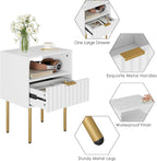 Night Stand,Modern Bedside Table with Drawer and Shelf,White Night Stand with Gold Frame,Small Side Table for Bedroom,Living Room