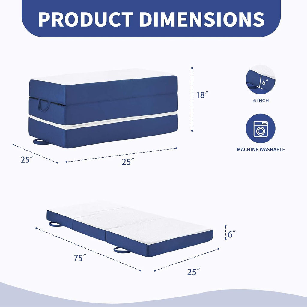 Folding Mattress Single Size,6" Trifold Foldable Sofa for Camping,White | Memory Foam Tri Portable Trifold Mattress Topper Single with Breathable & Washable Cover, 75"×25"×6"