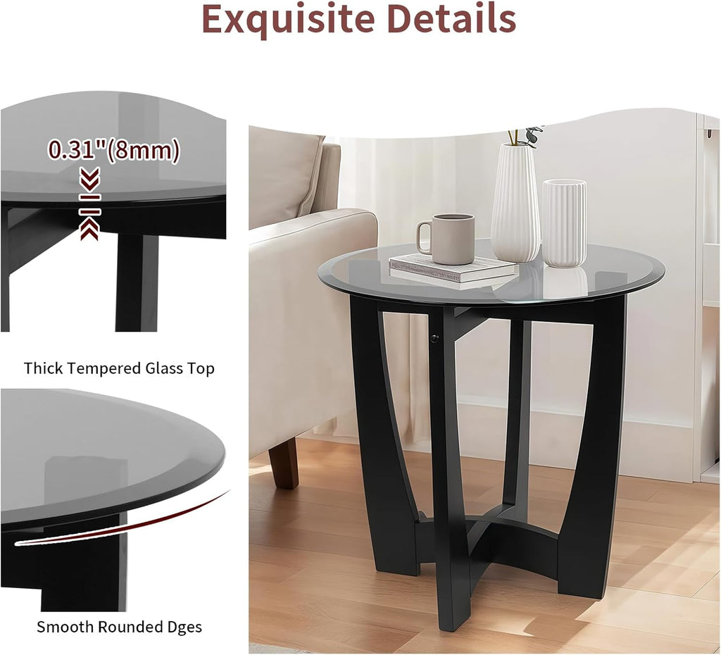 LKTART Glass End Table, 23.5" Round Side Tables with Black Tempered Glass Top Cross and Solid Wood Base Small Night Stand for Living Room Office Apartment Black