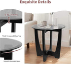 LKTART Glass End Table, 23.5" Round Side Tables with Black Tempered Glass Top Cross and Solid Wood Base Small Night Stand for Living Room Office Apartment Black