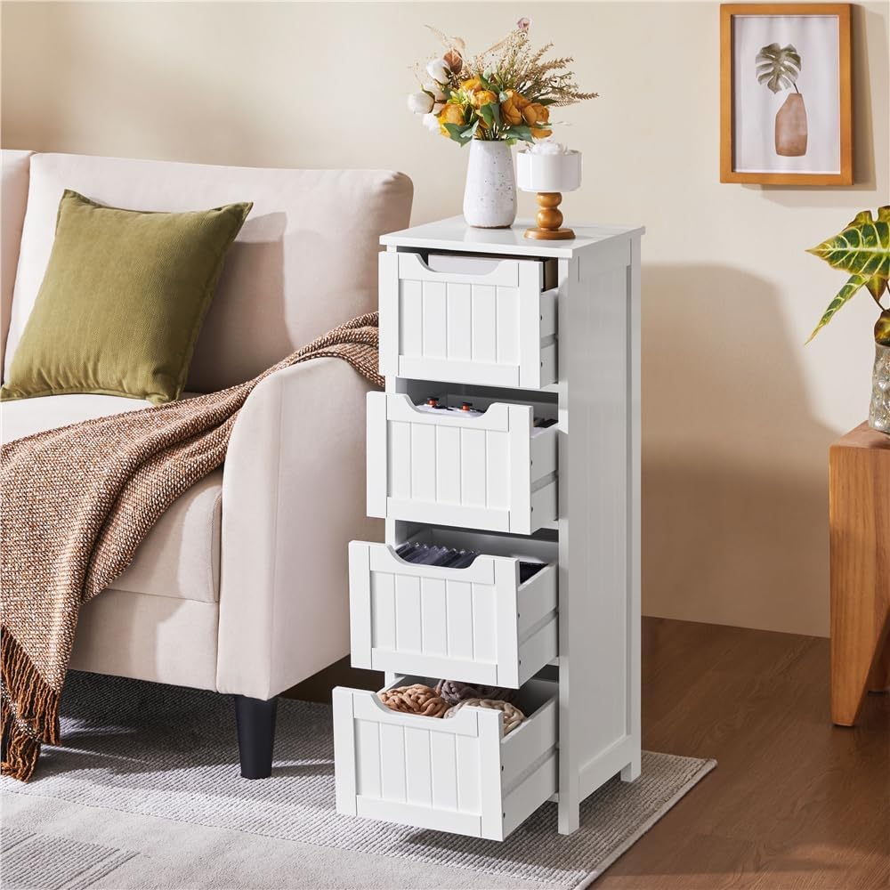 Yaheetech Bathroom Storage Cabinet, 12" W Slim 4-Drawer Design, White | Narrow Freestanding Organizer for Small Spaces, Beside Toilet or Vanity, Beadboard Tower, 32.5"H, P2 MDF, Water-resistant