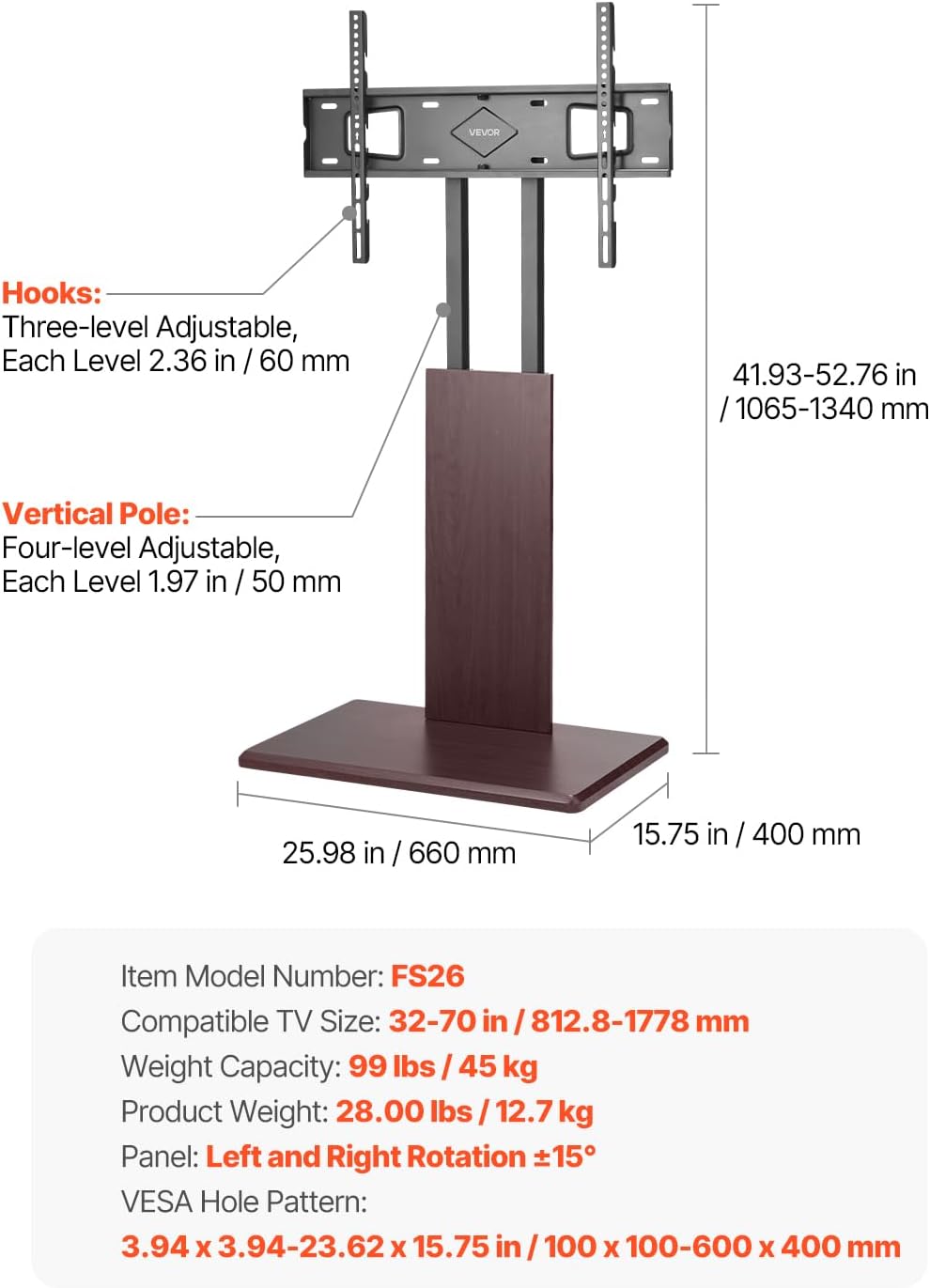 VEVOR Universal TV Stand, Table Top TV Stand for 32-70 inch Screens, Swivel and Height Adjustable TV Mount Stand Holds up to 99 lbs with Power Strip, for Living Room, Bedroom, MAX VESA 600 x 400 mm