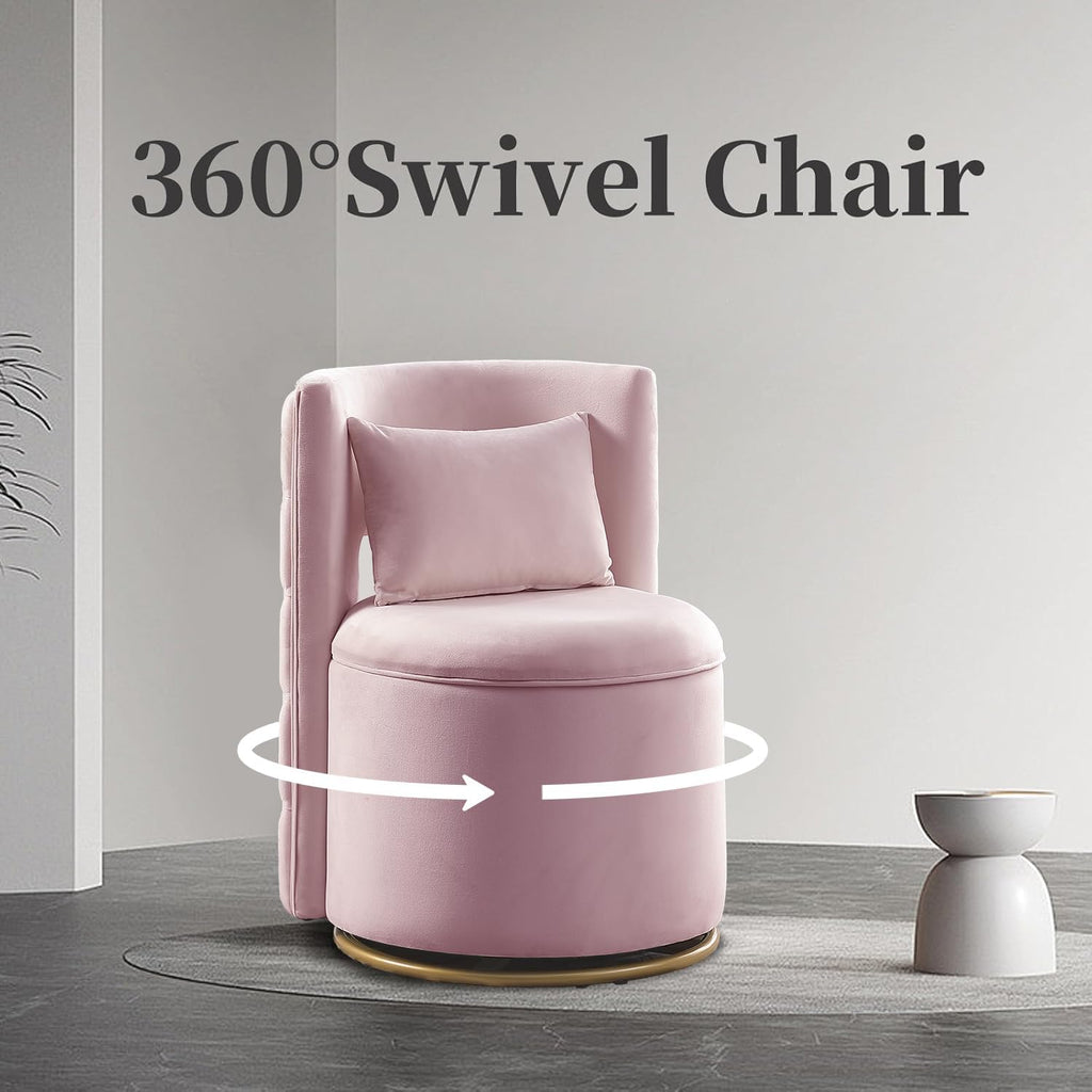 Swivel Chair with Storage for Living Room, Round Velvet Vanity Chair with Tufted Button Back, Pillow Included (Pink)