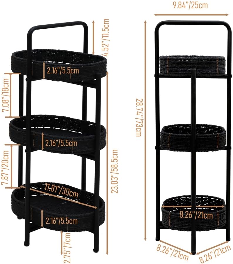 Small Handwoven Side Table 3-Tier Oval Storage Organizer, Wicker Shelf for Kitchen, Living Room, Bedroom, Balcony, Picnic, Portable Woven Rack (Black)