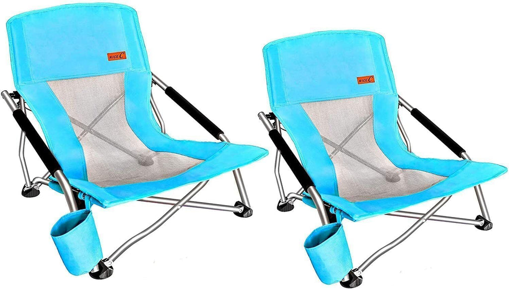 Nice C Low Beach Camping Folding Chair, River Sand Lake Chair (2 Pack Blue) | Compact Backpacking Chair, Sillas De Playa, Cup Holder, Carry Bag, Heavy Duty, Outdoor, BBQ, Travel, Picnic, Festival