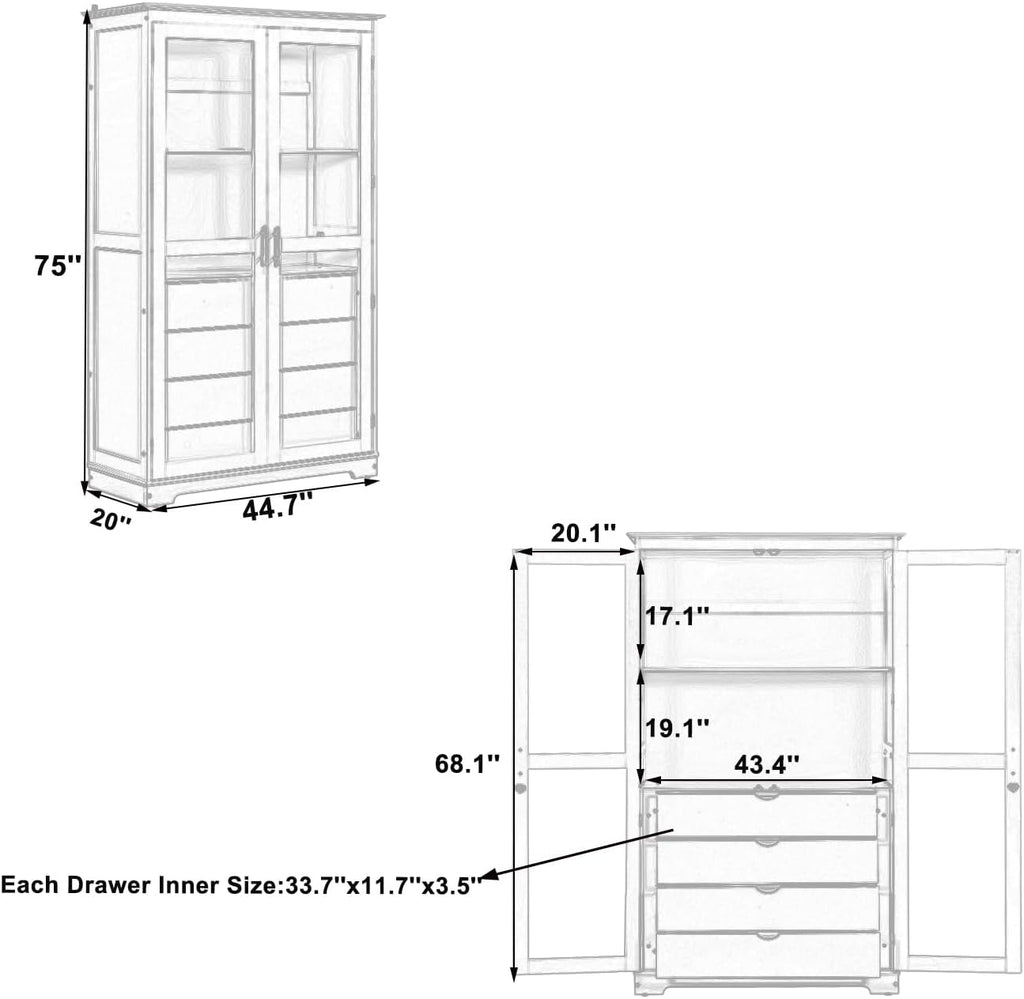 75" Tall Kitchen Pantry Cabinet, Freestanding Food Storage Cupboard, Modern Display Cabinet with Glass Doors and 4 Built-in Drawers, Storage Furniture for Kitchen, Living Room,Blue