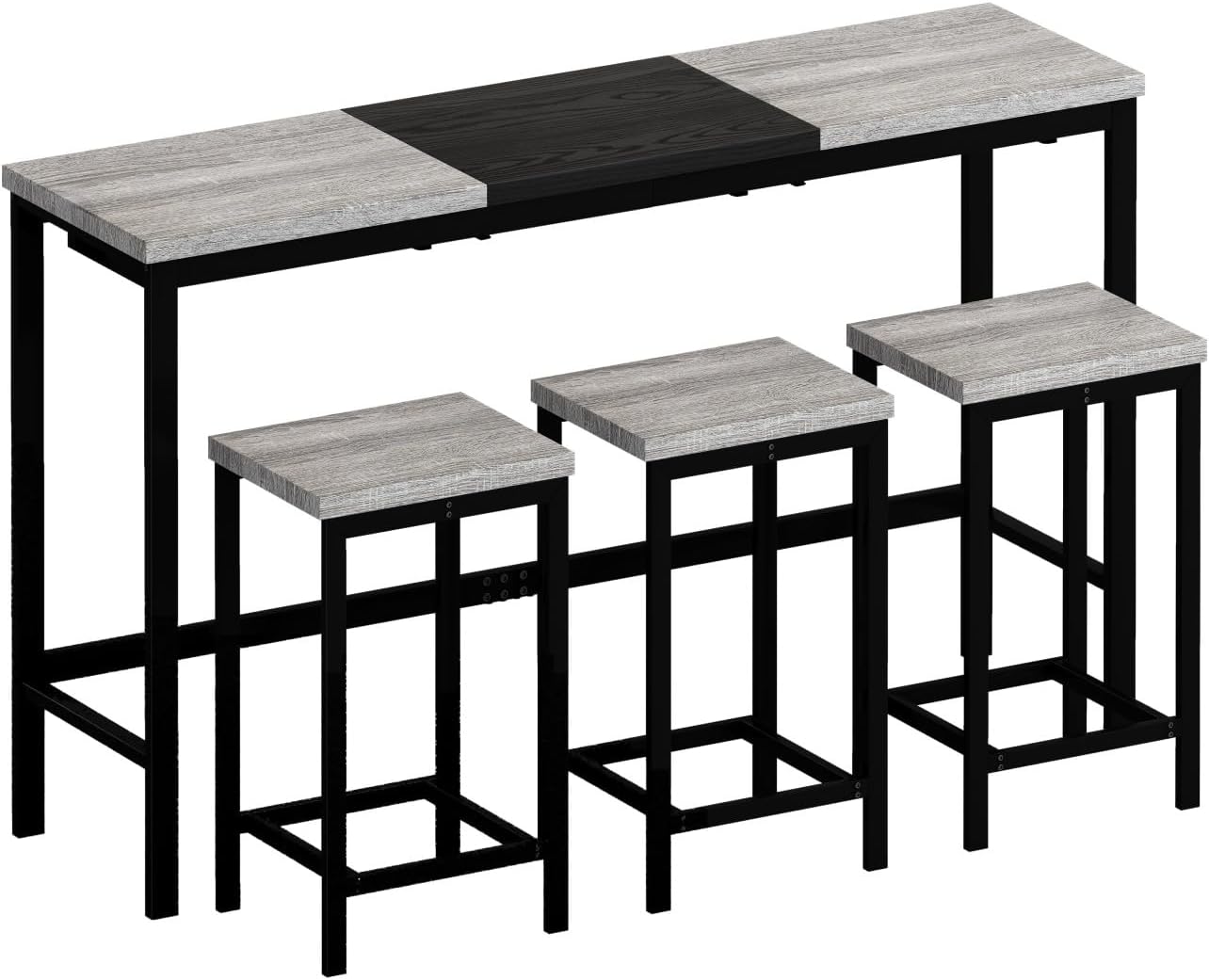 KEIKI 60.24” Long Bar High Top Dining Table and 3 Hanging Stools Chairs Set, Wood Behind Couch Sofa Counter Height Pub Furniture for Breakfast, Kitchen Living Party Room, Gery & Black