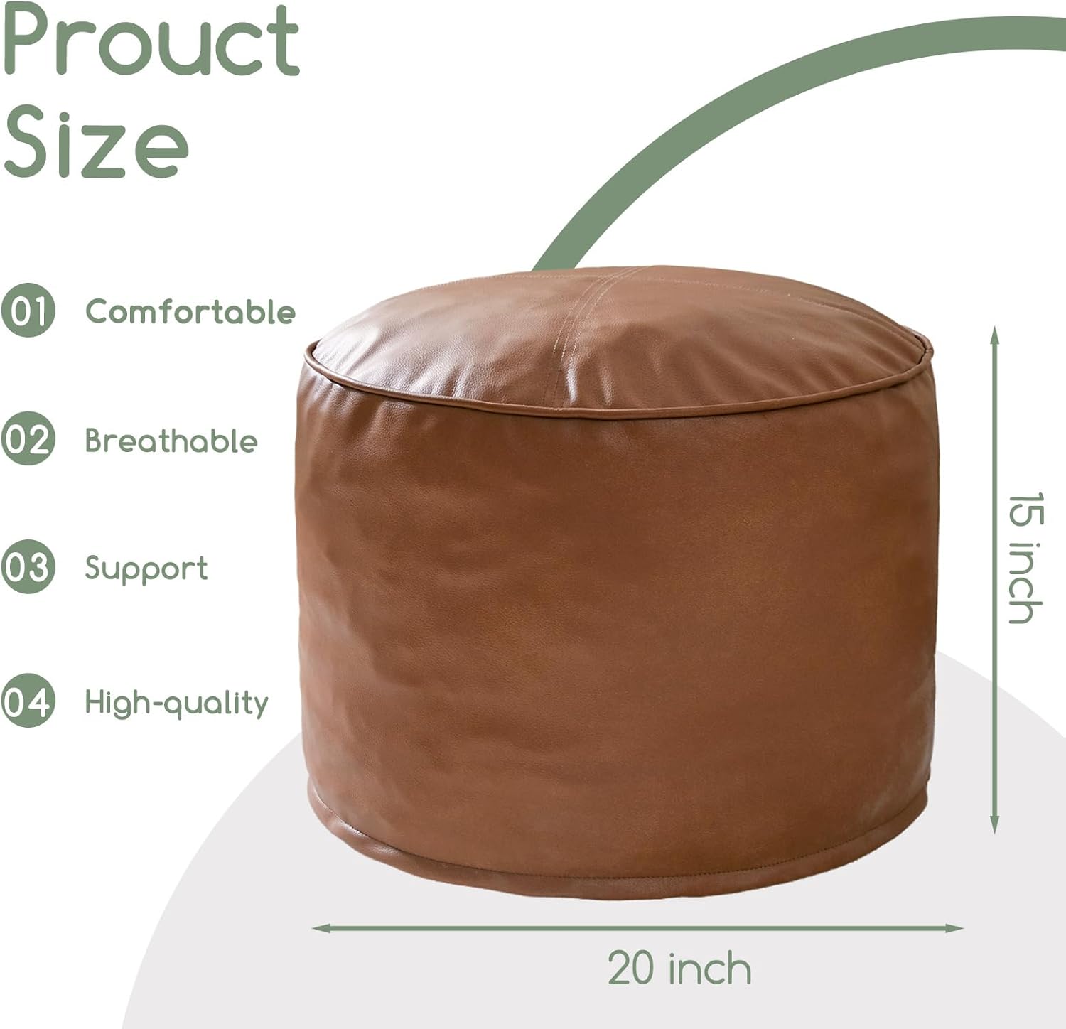 HIGOGOGO Round Stuffed Pouf Ottoman, Pu Leather Poufs with Foam Chunk Filling, Furry and Fluffy Pouf Foot Stool Storage Ottoman, 20 X 15 Floor Poufs Foot Rest for Living Room,Brown