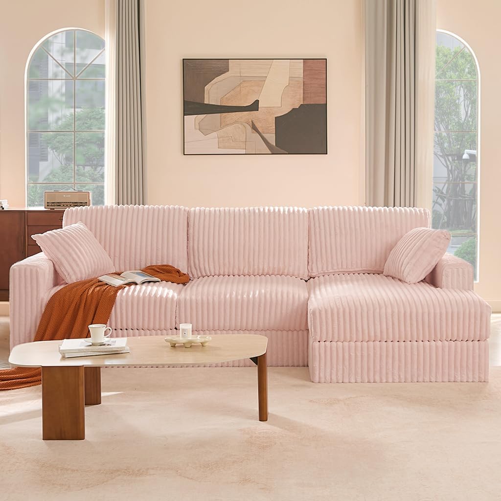 GOSUHI 113" L-Shaped Cloud Couch, Modular Sectional, Deep Seats, Pink | Pocket Spring Cushions, Oversized 3-Seater, Right Facing Chaise, Corduroy Upholstery Couches for Living Room