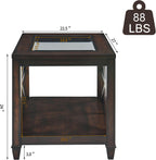 2-Tier Solid Wood End Table with Tempered Glass, Square Wooden Sofa Side Table Rustic Country Glasstop Espresso Nightstand with Shelf & Asterisk-Shaped Leg Base for Living Room, 27x22.5x24in