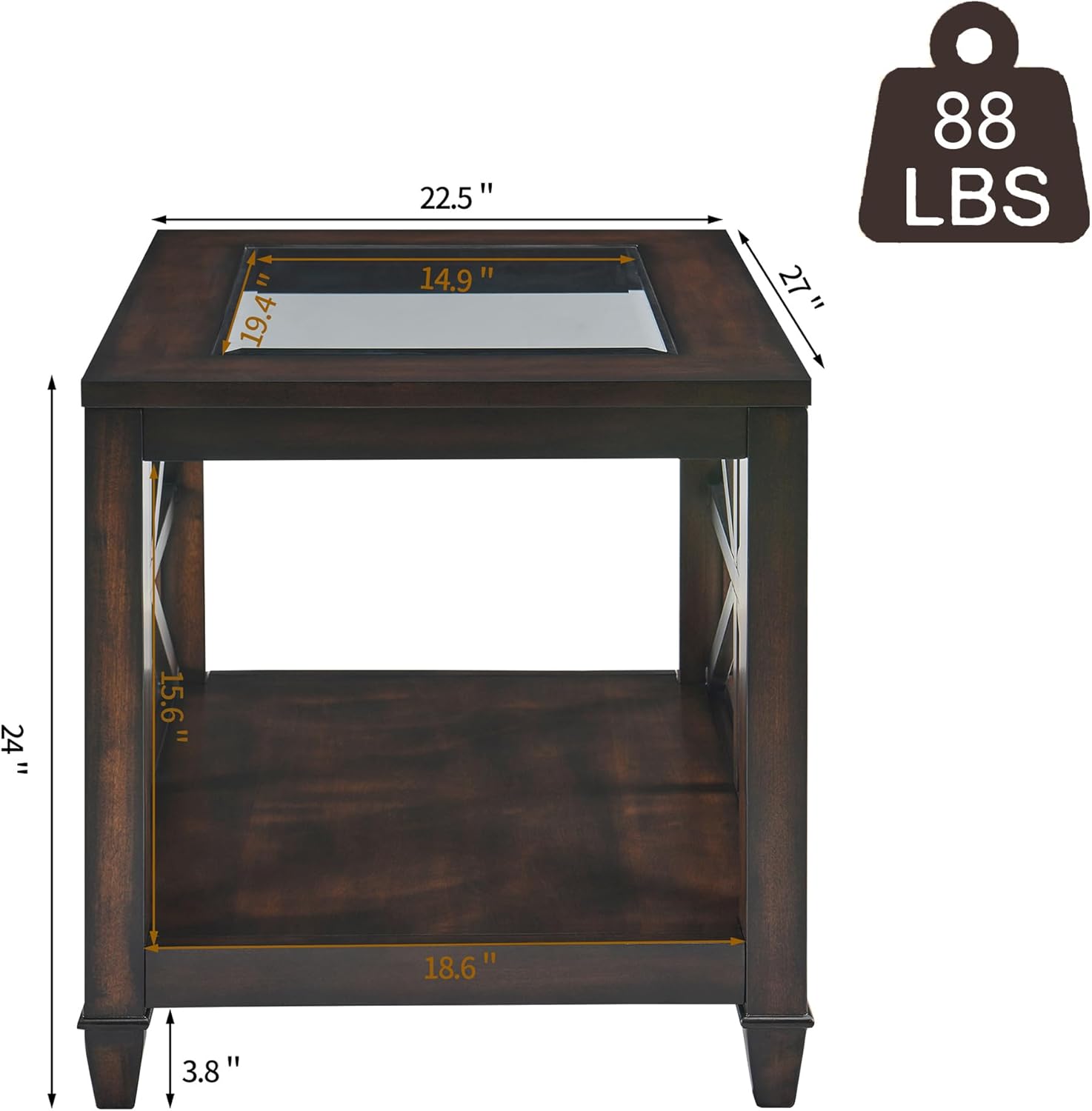 2-Tier Solid Wood End Table with Tempered Glass, Square Wooden Sofa Side Table Rustic Country Glasstop Espresso Nightstand with Shelf & Asterisk-Shaped Leg Base for Living Room, 27x22.5x24in