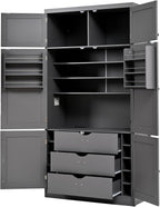Large Kitchen Pantry Storage Cabinet, Freestanding Cupboard with 2 Power Outlets, Adjustable Shelves and Door Shelves, Tall Storage Cabinet for Kitchen, Dinning Room, Living Room (Grey)