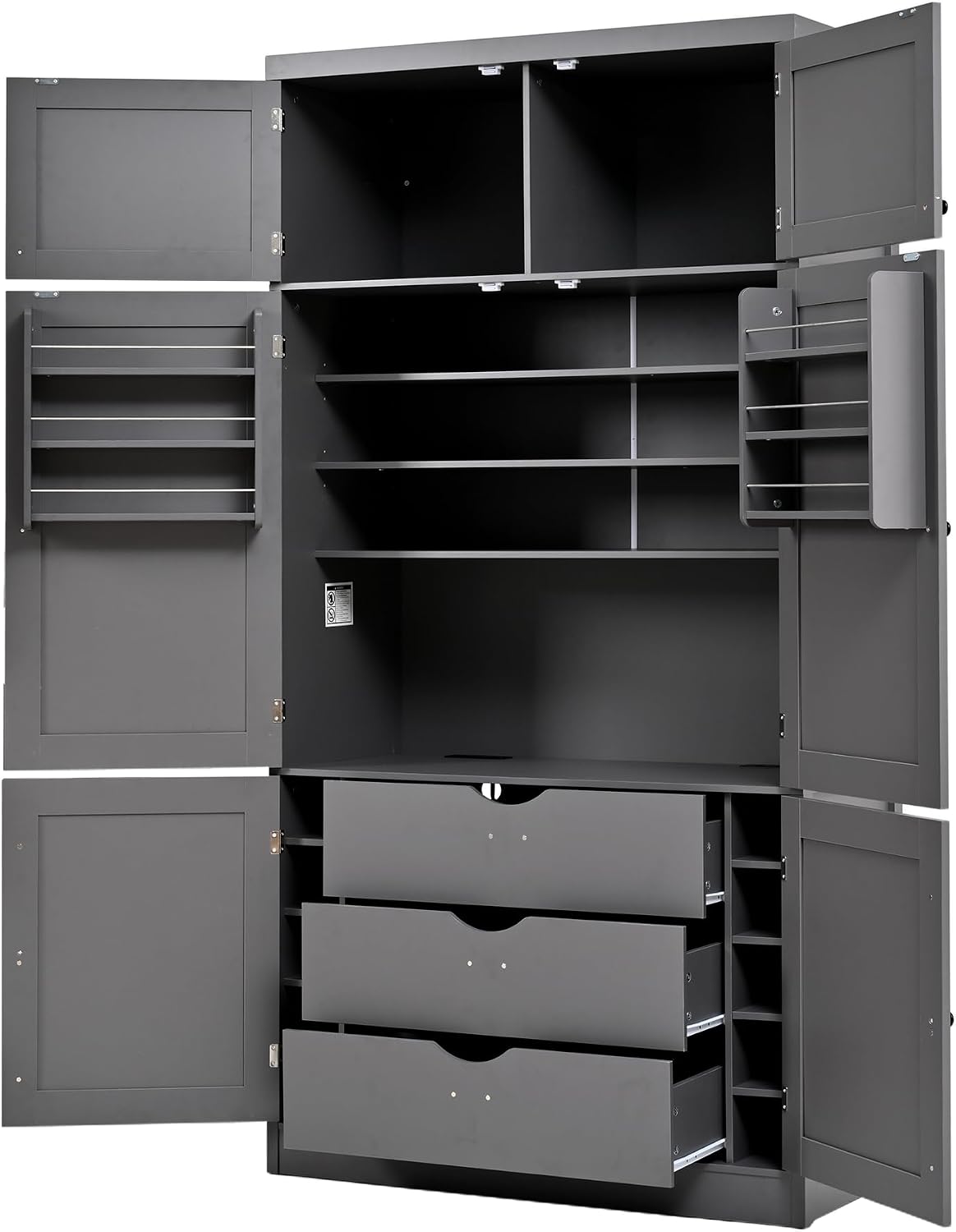 Large Kitchen Pantry Storage Cabinet, Freestanding Cupboard with 2 Power Outlets, Adjustable Shelves and Door Shelves, Tall Storage Cabinet for Kitchen, Dinning Room, Living Room (Grey)