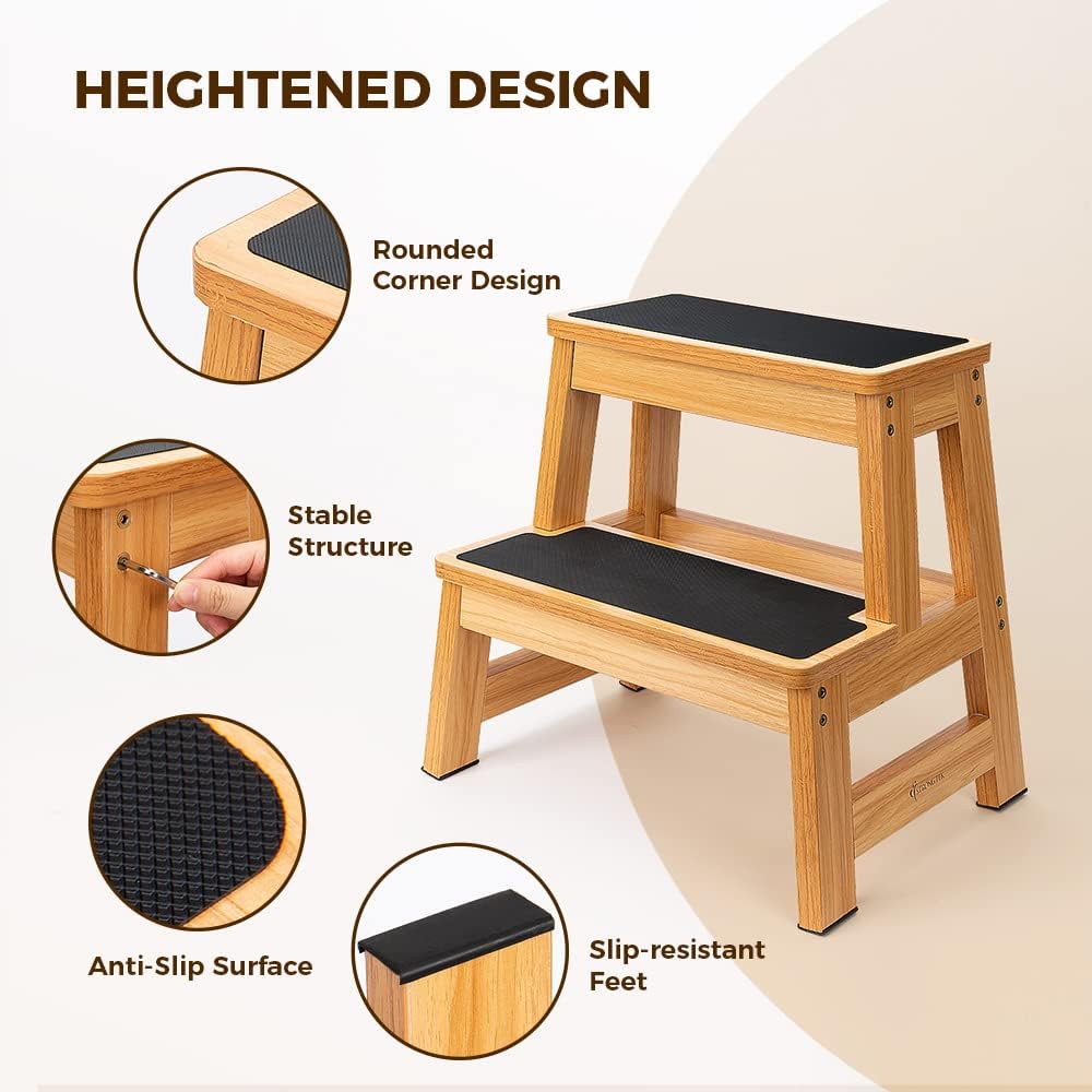 StrongTek Wood 2 Step Stool for Adults, 17.5 in, 500 lb, Non-Slip | Wide Non-Slip Treads, 500 lb Capacity, Heavy-Duty, Kitchen, Closet, Bedside and Everyday Home Reach