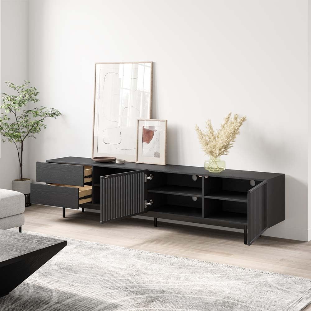 POVISON Mid Century Modern TV Stand, 94.49" Black Solid Wood Media Console for 75 inch TV, Full Assembled Entertainment Center with Storage for Living Room, Tall Cabinet with Metal Legs