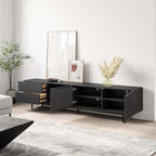 POVISON Mid Century Modern TV Stand, 94.49" Black Solid Wood Media Console for 75 inch TV, Full Assembled Entertainment Center with Storage for Living Room, Tall Cabinet with Metal Legs