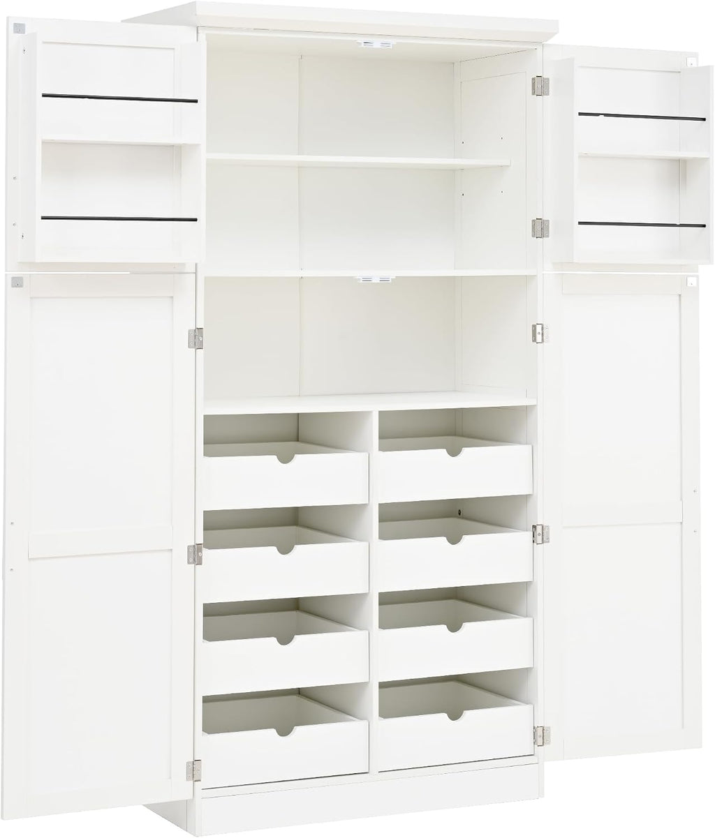 Freestanding Tall Kitchen Pantry Cabinet with 4 Doors and 2 Door Shelves,8 Pull-Out Trays and Adjustable Shelf,for Dining Room (White/F)