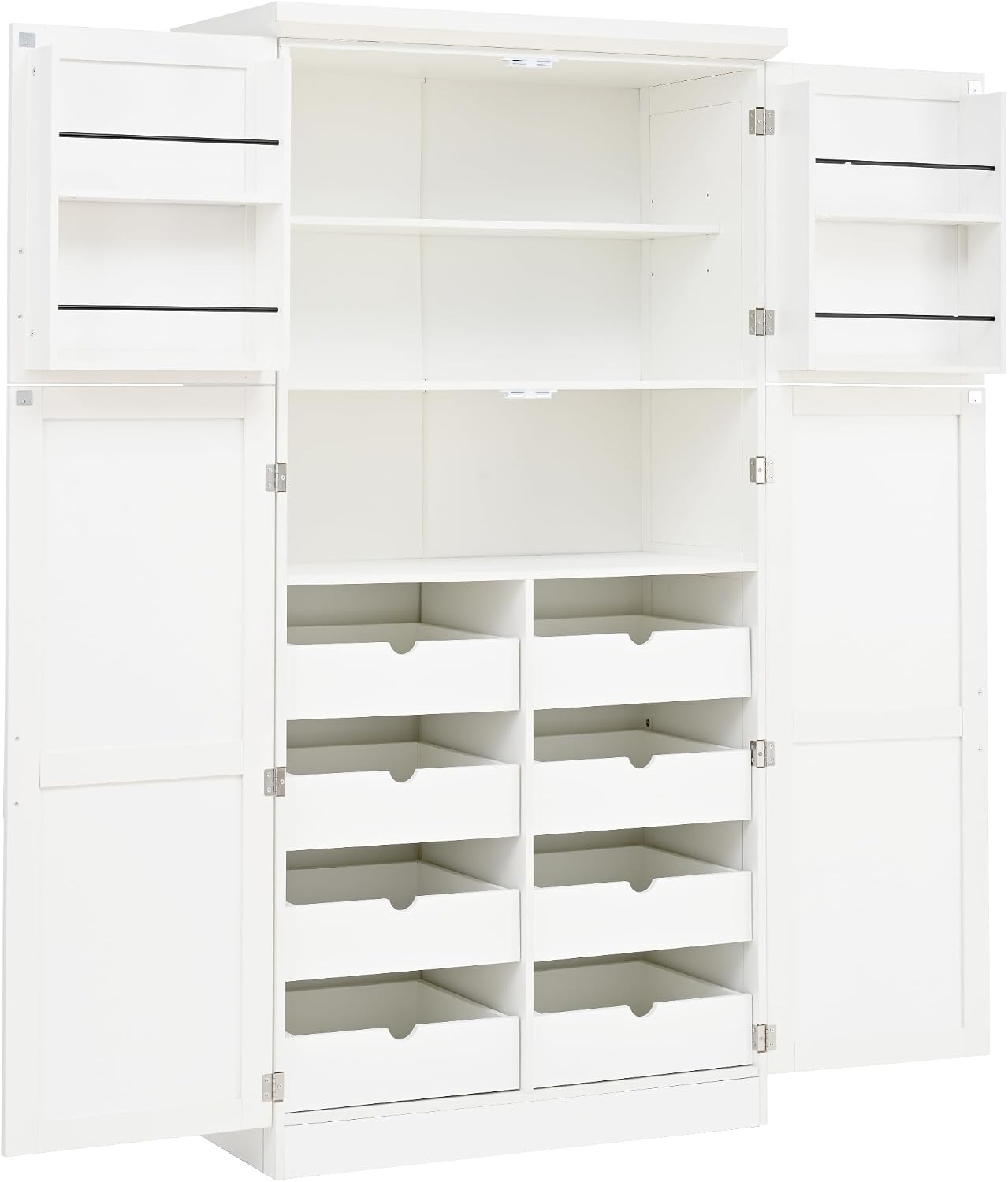 70.9" Tall Freestanding Kitchen Pantry Cabinet with 4 Doors, Large Wooden Kitchen Organizers Storage Cabinet with 8 Pull-Out Trays and 2 Door Shelves for Dining Room, White