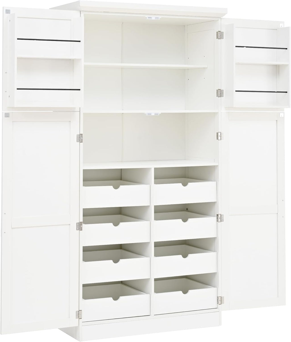 LUMISOL Kitchen Pantry Cabinet, 70.9" Tall Cupboard Storage Cabinet with Adjustable Shelves and Door Shelves, Freestanding Kitchen Hutch with 8 Pull-Out Trays for Dining Room Living Room, White