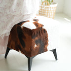 Faux Cowhide Ottoman, Upholstered Foot Stool - 16 x 16 x 17 Inches, Cube Footrest with Solid Metal Legs for Living Room, Bedroom & Entryway(Brown)