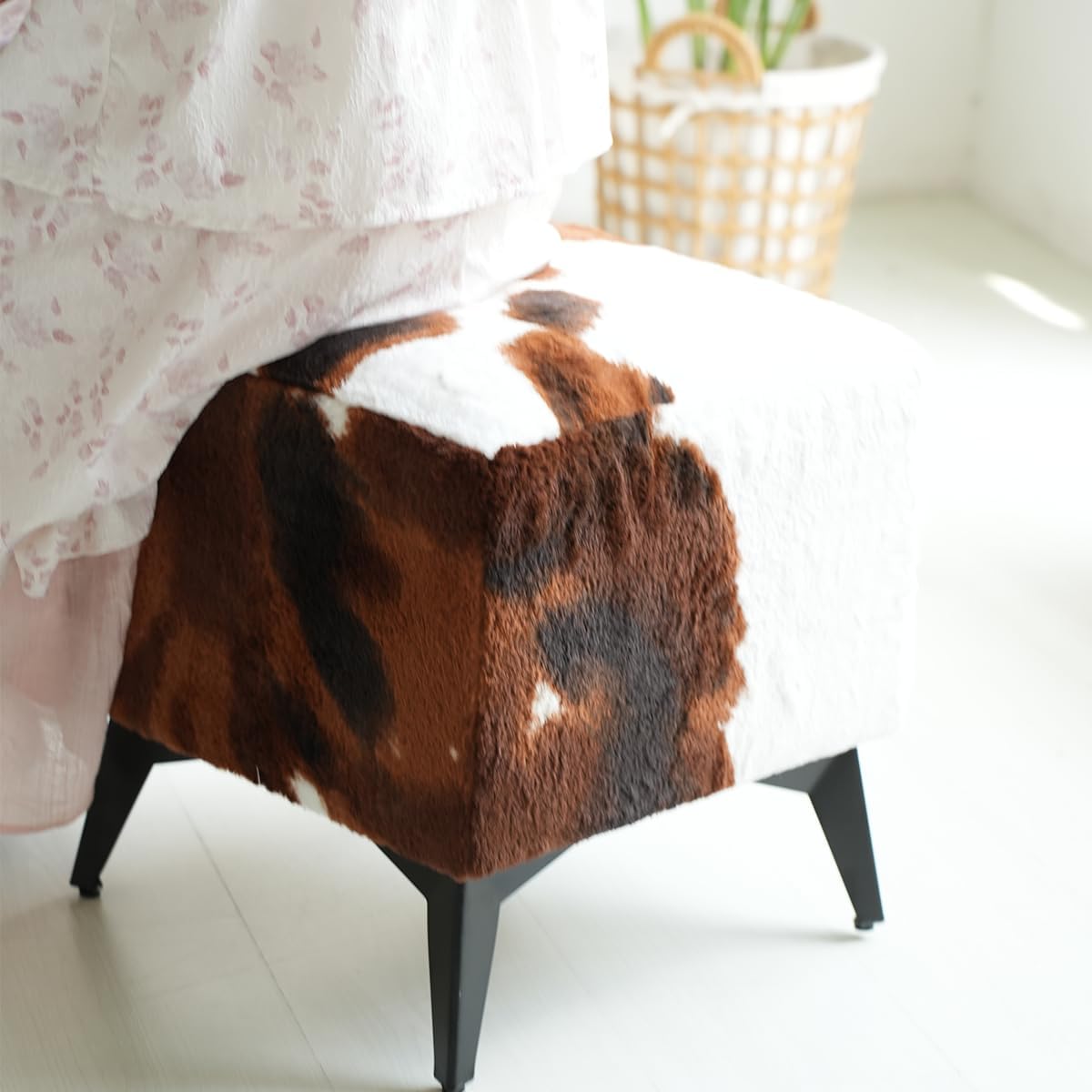Faux Cowhide Ottoman, Upholstered Foot Stool - 16 x 16 x 17 Inches, Cube Footrest with Solid Metal Legs for Living Room, Bedroom & Entryway(Brown)