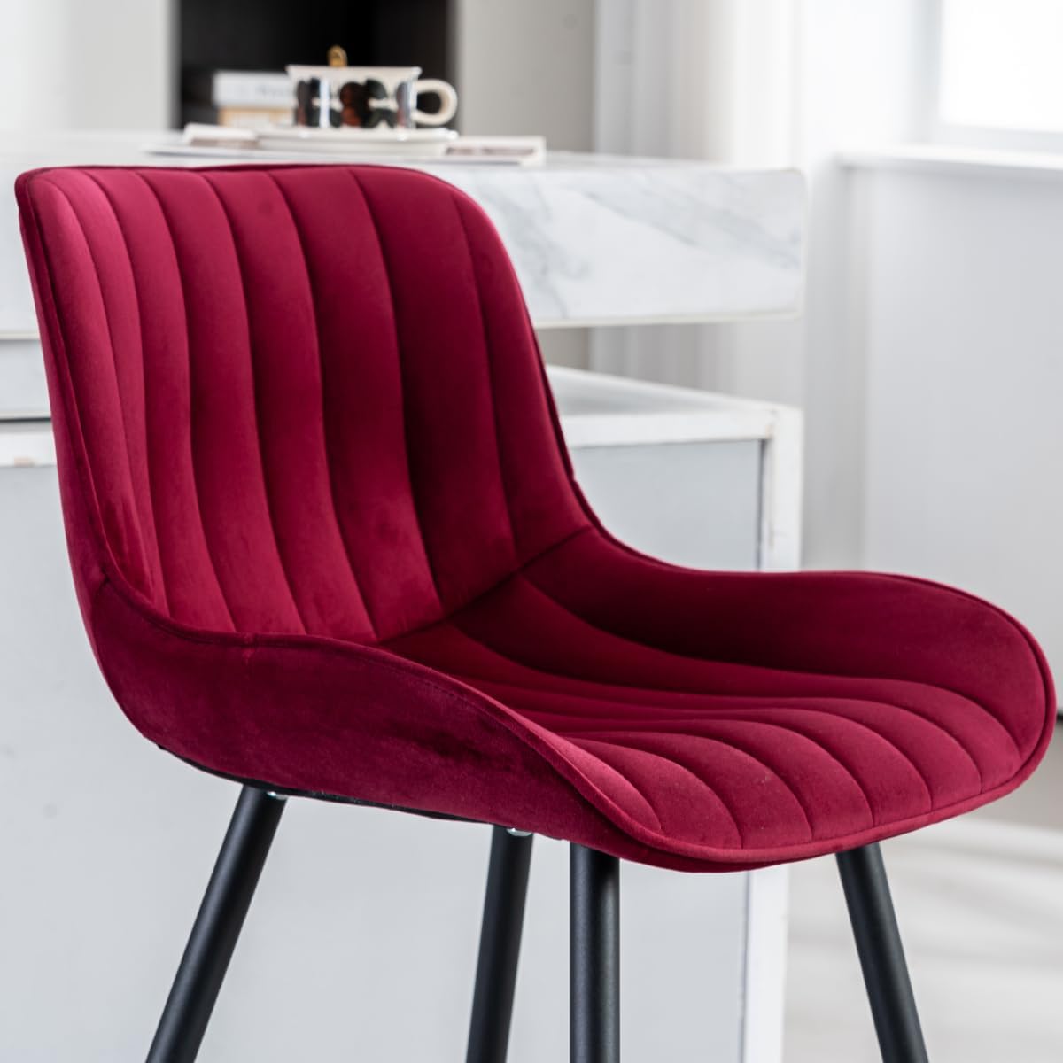Bar Stools Set of 2 with Velvet Upholstery, Burgundy | Luxury Counter Height Bar Stools with Black Metal Legs 24 Inches Seat Height Barstools with Backs for Kitchen Island